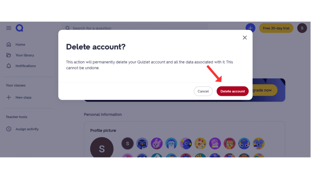 confirm-to-delete-quizlet-account